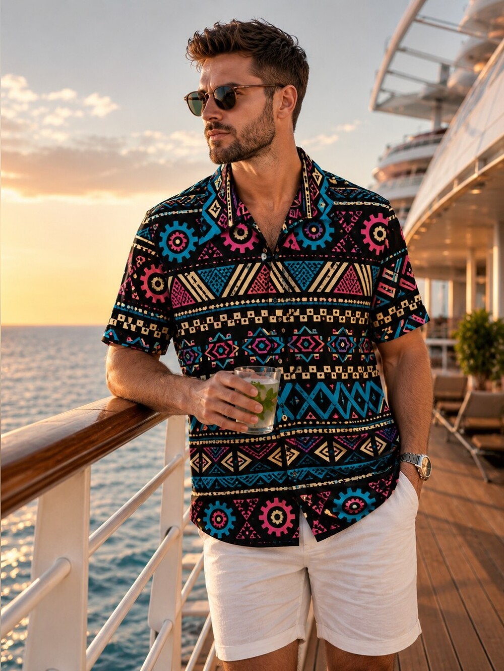 NWT Men's 2X Hawaiian Resort Cruise Shirt Geometric Tribal Print Beach Vacation
